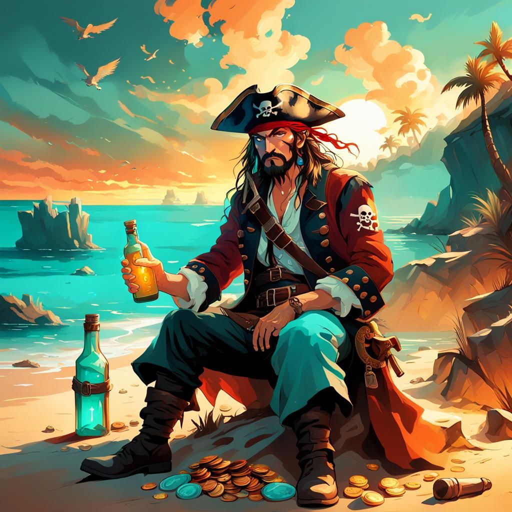 Pirate Sunset Contemplation in Fantasy Art Style