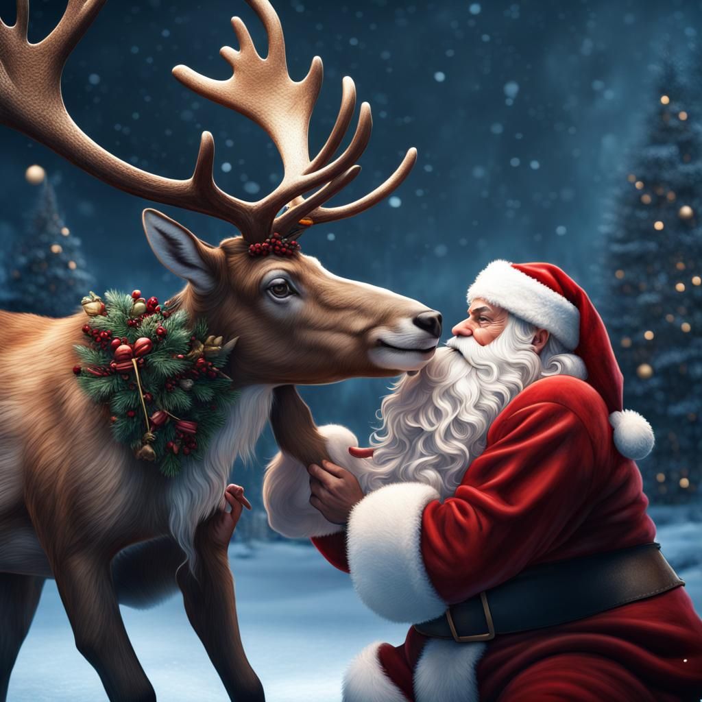 Santa Claus and Reindeer Portrait in Digital Art
