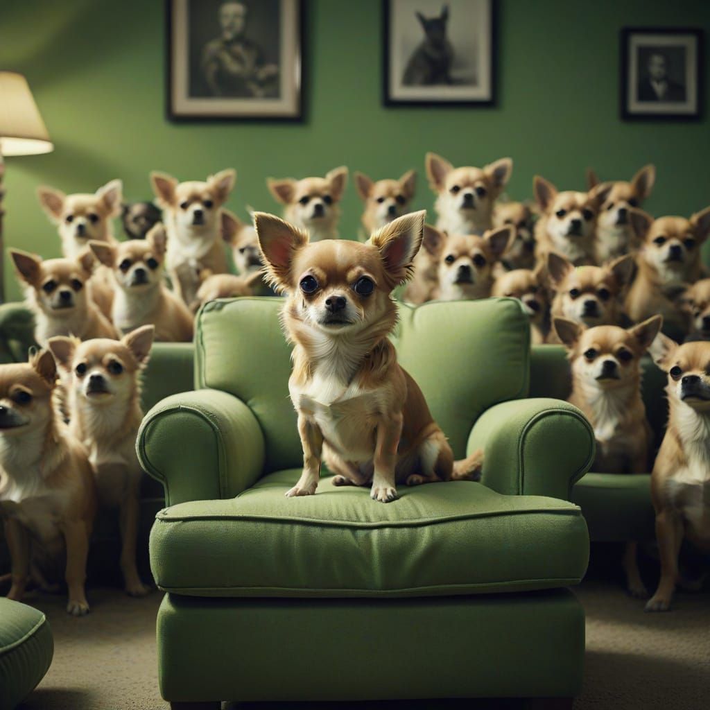 Cute Chihuahua on Green Chair with Chihuahua Army