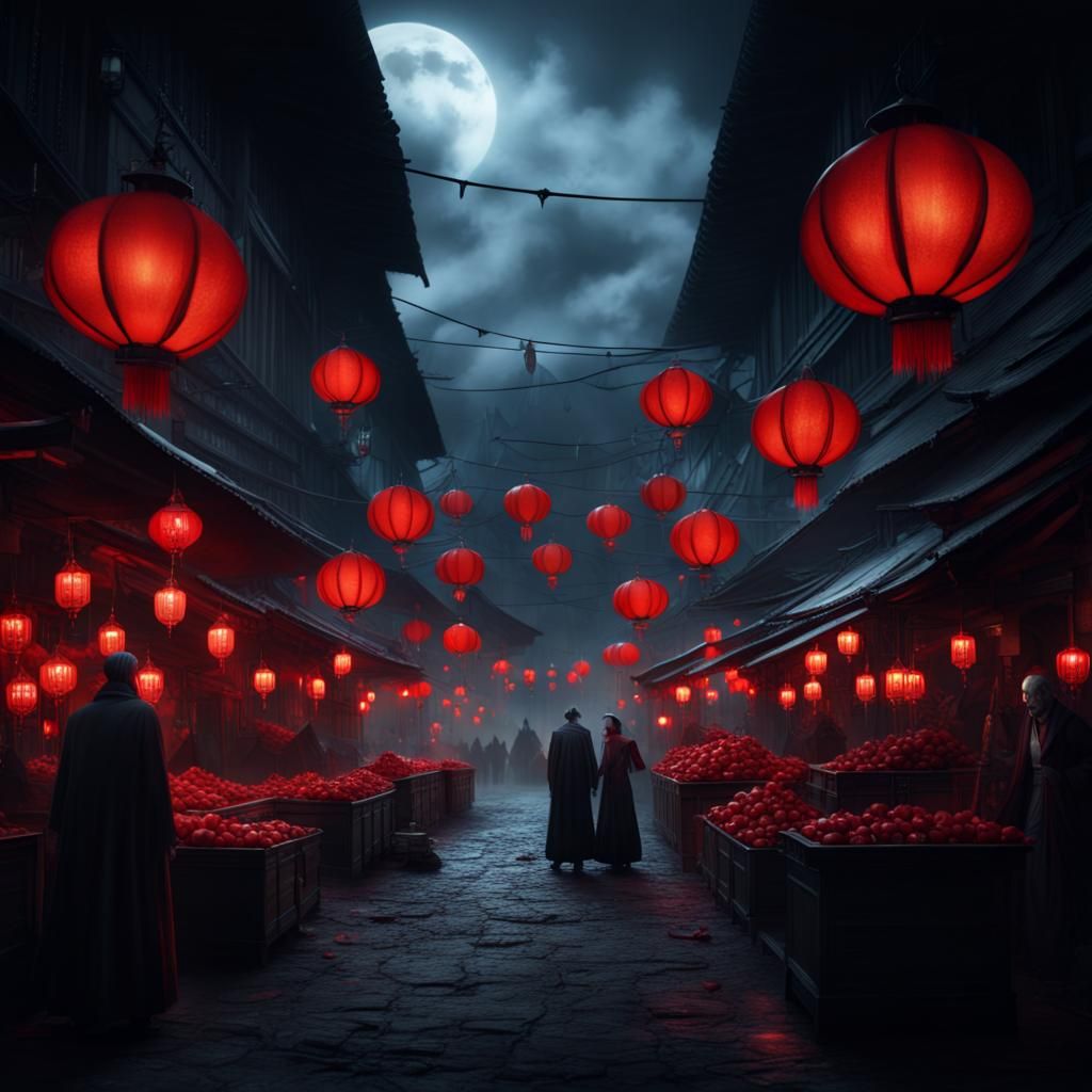 Dark Fantasy Vampire Market with Red Lanterns