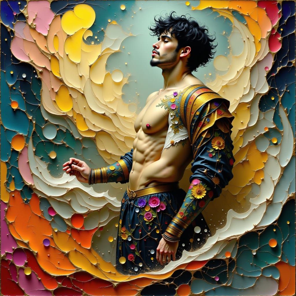 Contemplative Man in Ornate Clothing with Ethereal Clouds