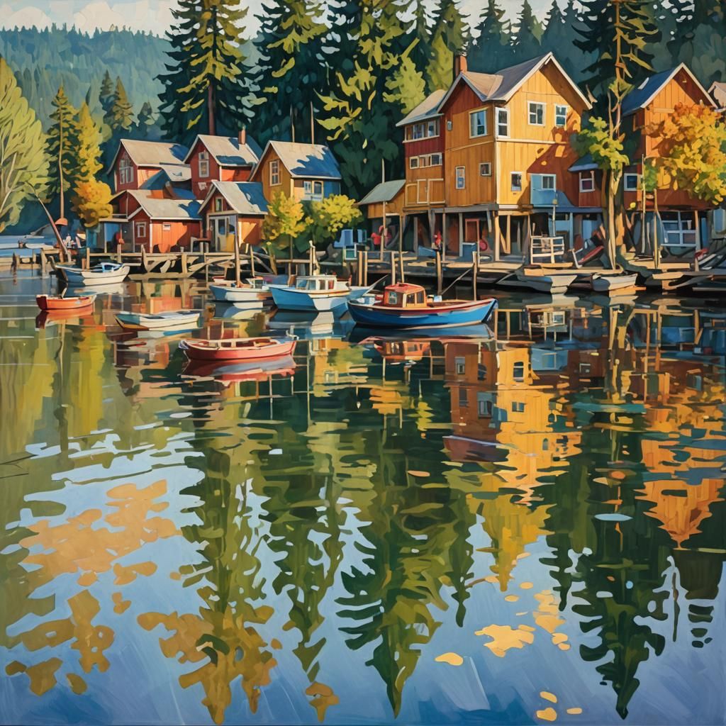 Cowichan Lake Fishing Village Gouache Impressionist Painting