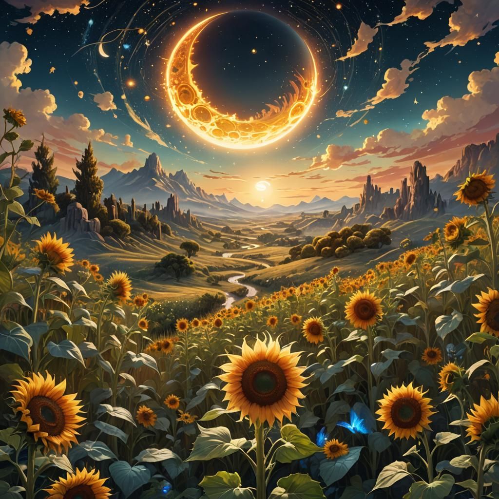 Peaceful Alien Planet with Sunflowers in Matte Painting