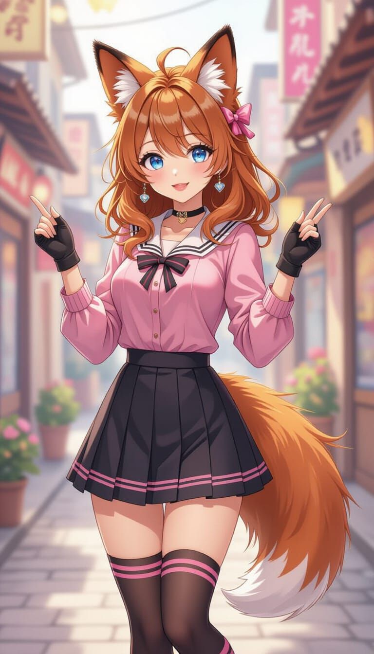 Fox Woman in Jirai Kei Outfit, Digital Watercolor