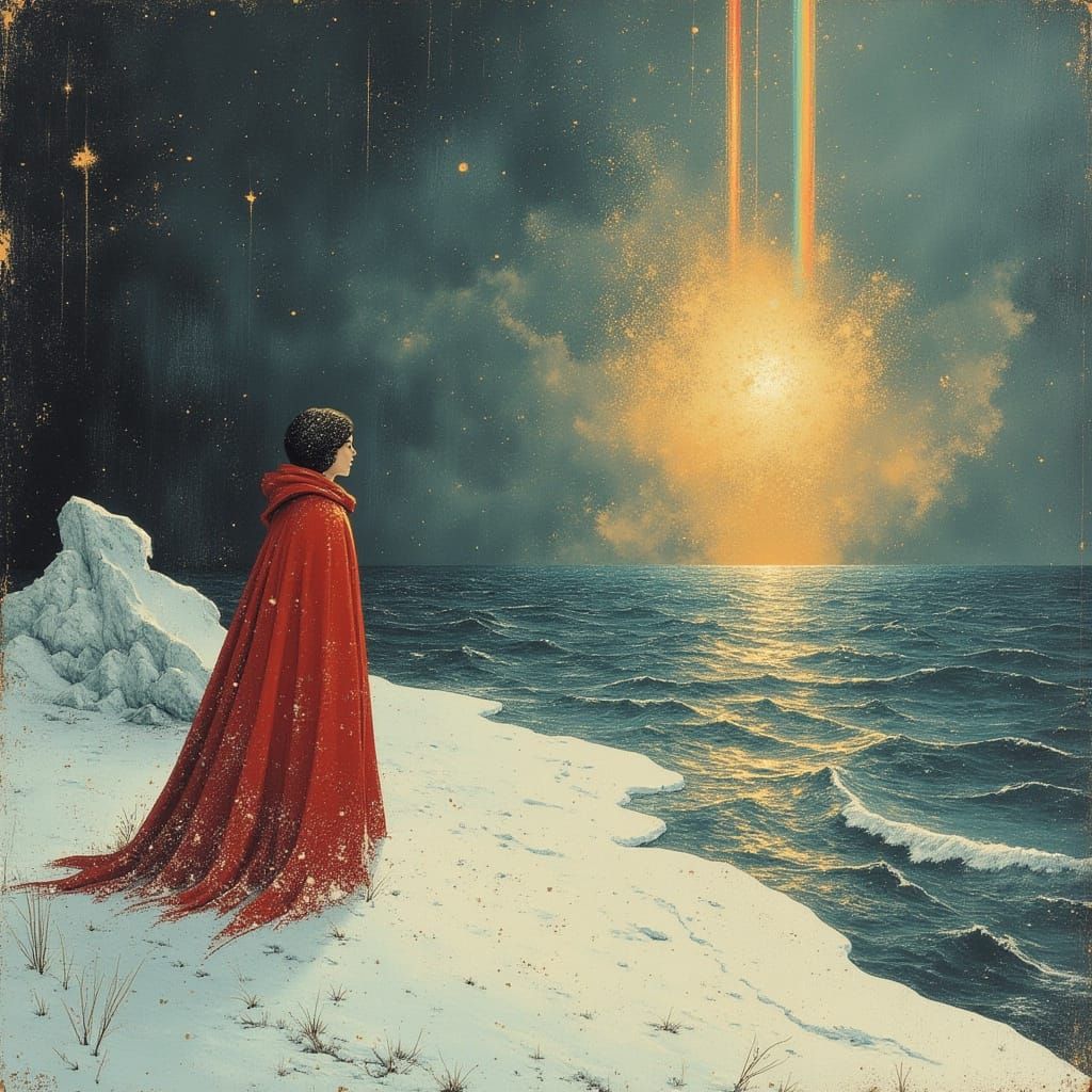 Lone Figure with Prism on Snowy Beach