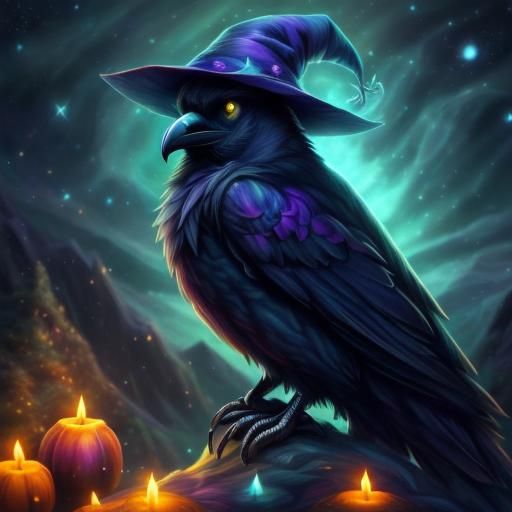Raven in Witch Hat on Pumpkin: 8-bit Art
