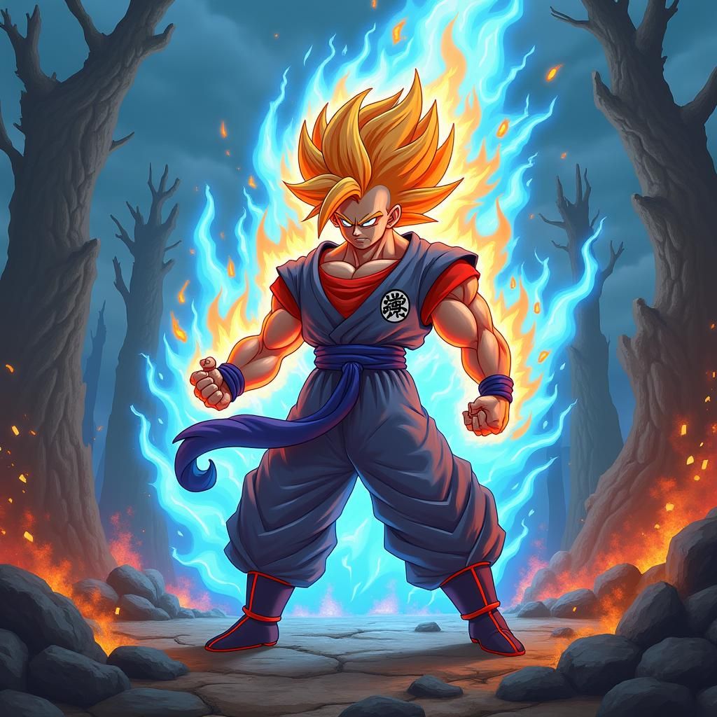 Fierce Super Saiyan Warrior in Apocalyptic Landscape