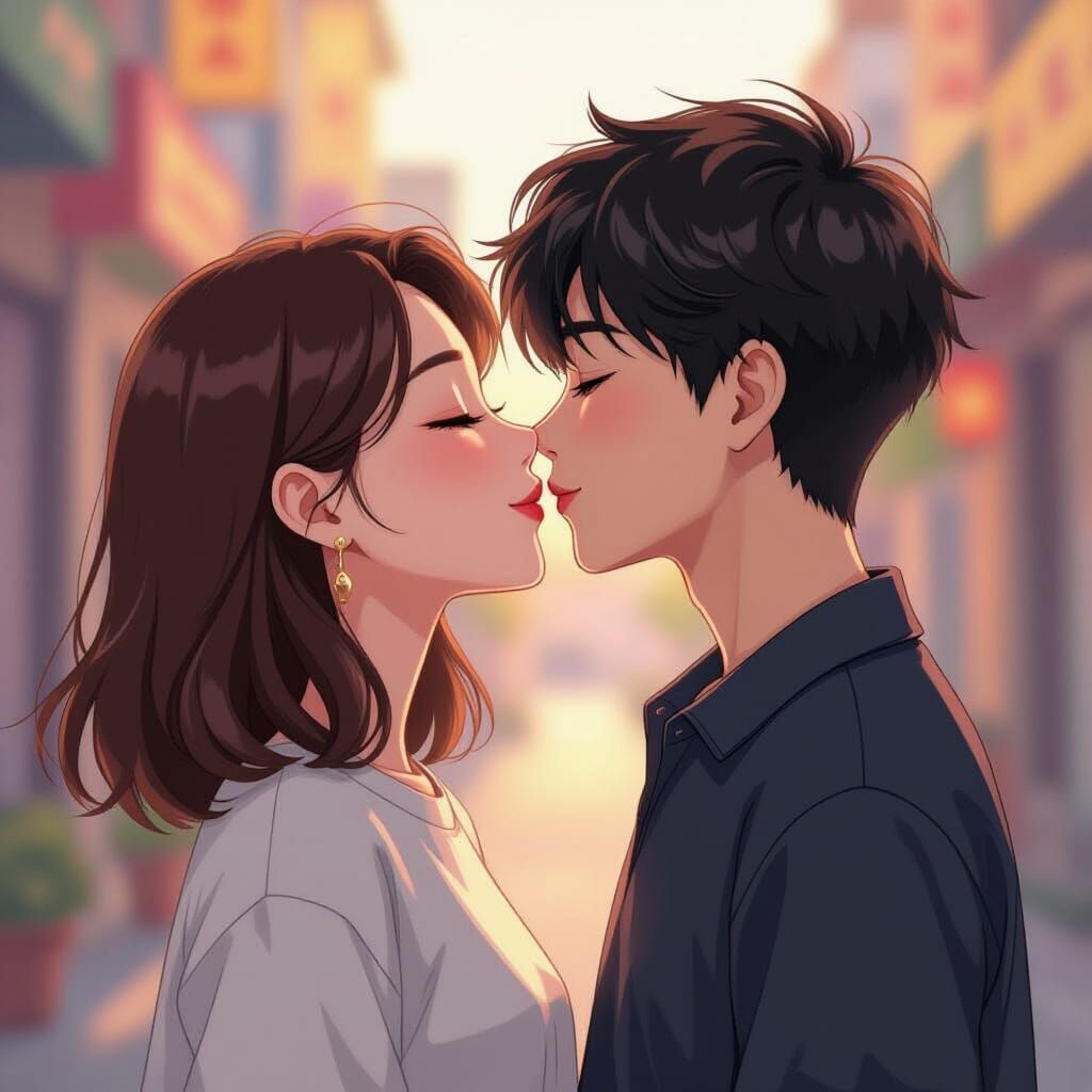 Cute Korean Girl and Chinese Boy Kissing in Anime Style