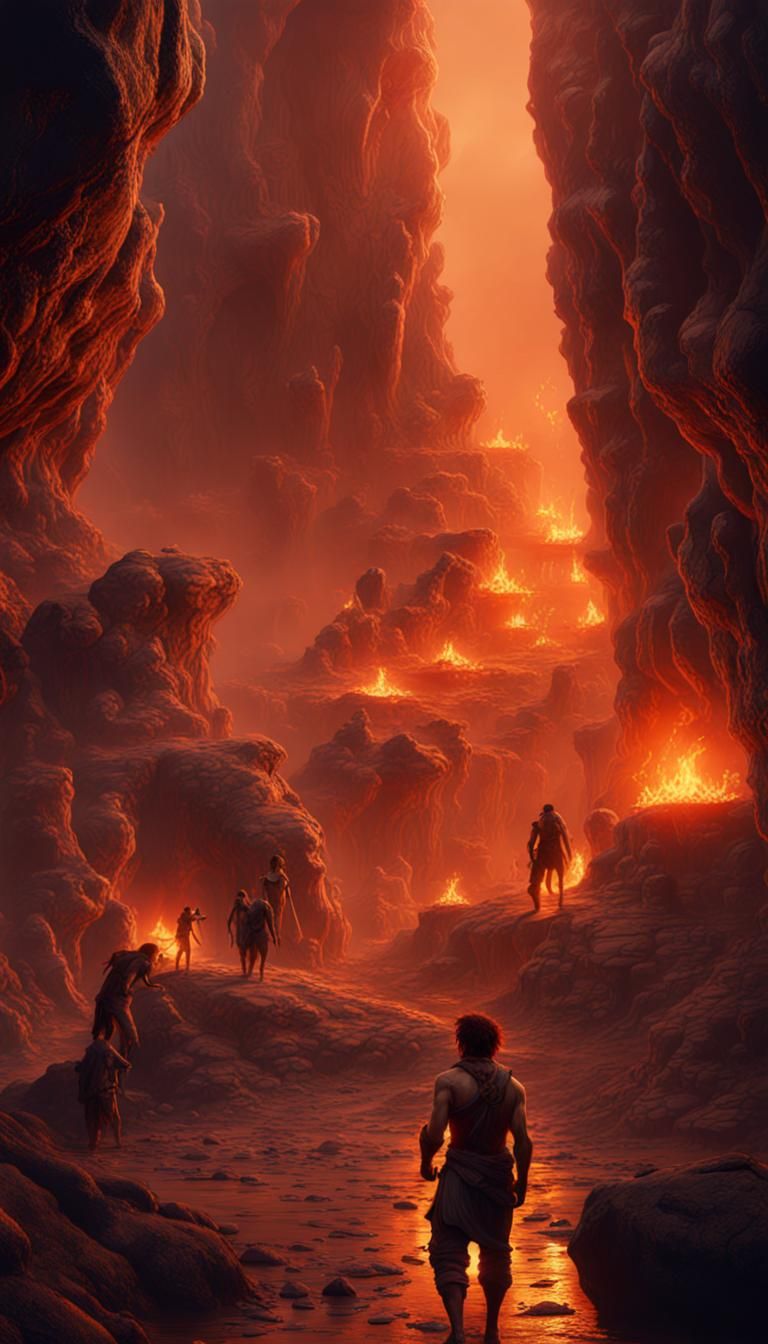 Early Humans Around Cave Fire: Detailed Matte Painting
