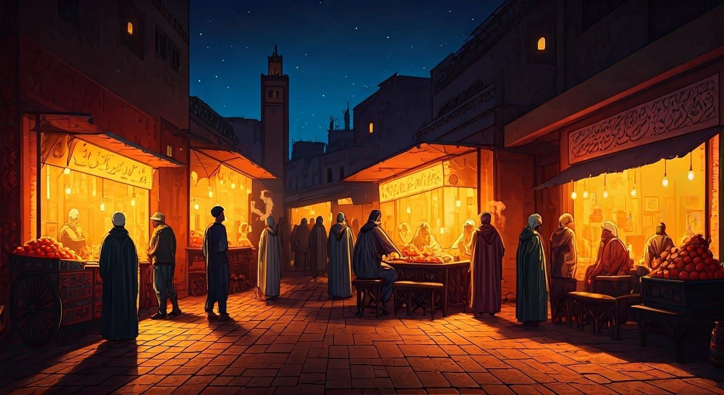 Mysterious Night Market in Marrakesh, Morocco
