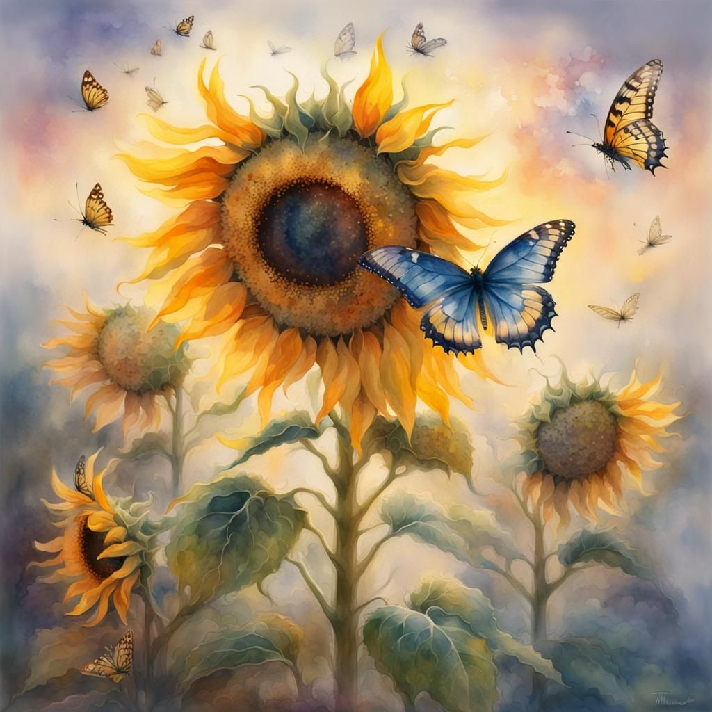 Sunflower and Butterflies in Watercolor Double Exposure