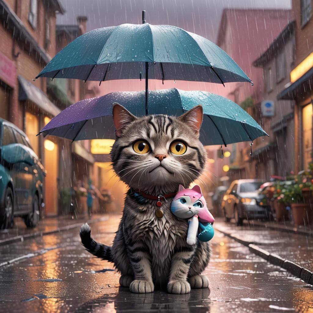 Sad Cat Protected From Rain, Pixar-Style