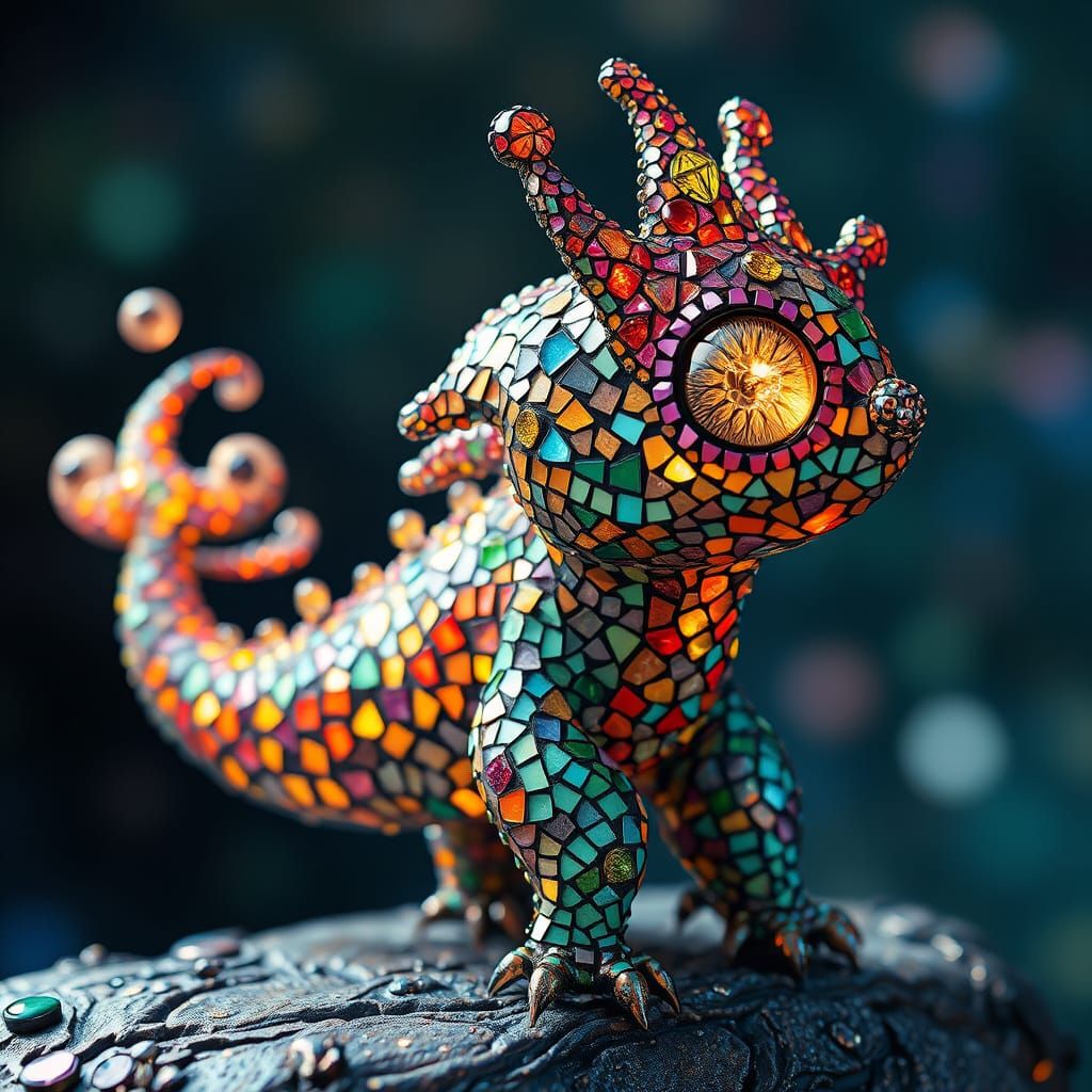 Whimsical Mosaic Creature in Futuristic Kaleidoscope Style