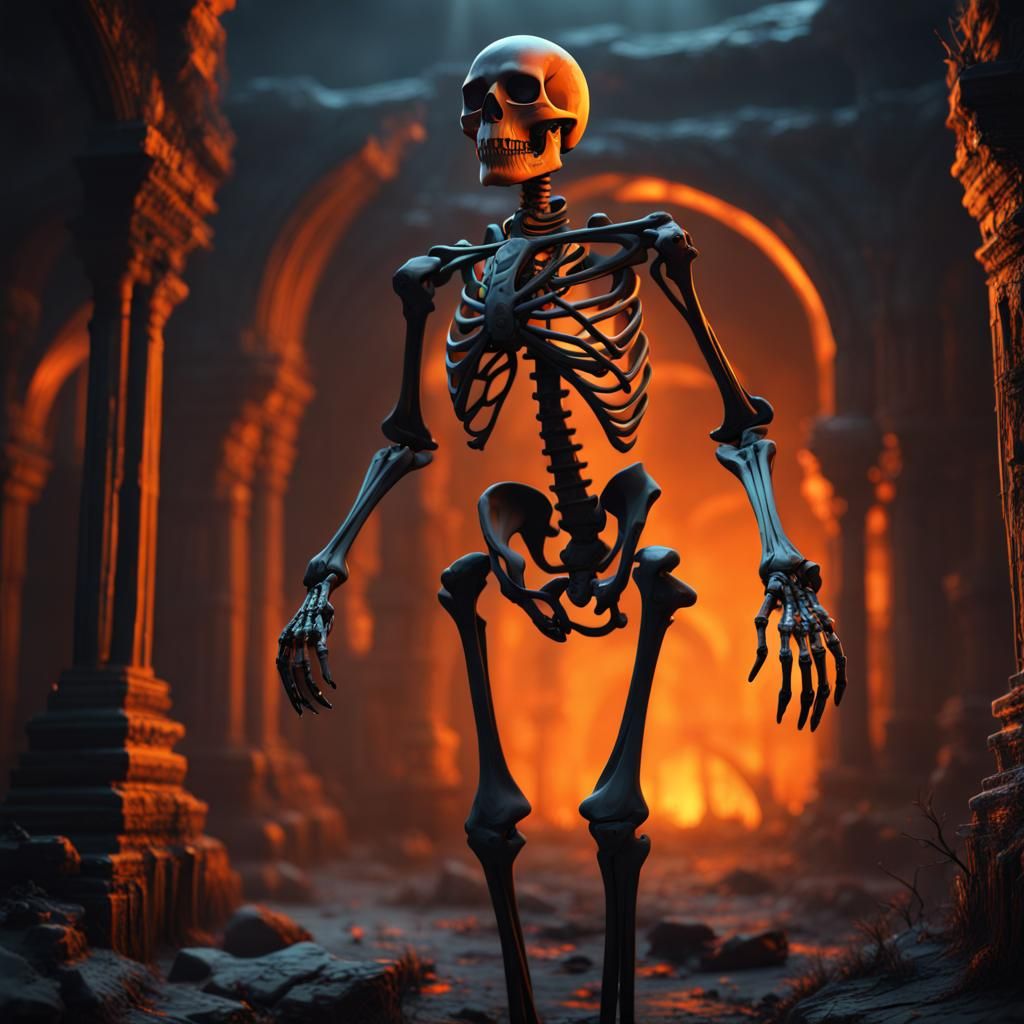 Detailed Black and Orange Skeleton Concept Art