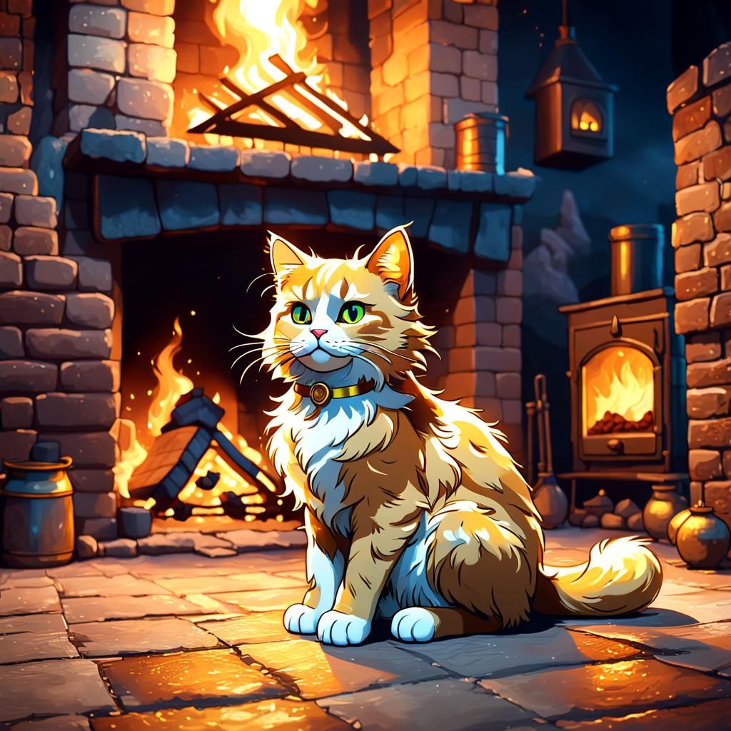 Golden Cat Lounging by Fireplace: Fantasy Concept Art