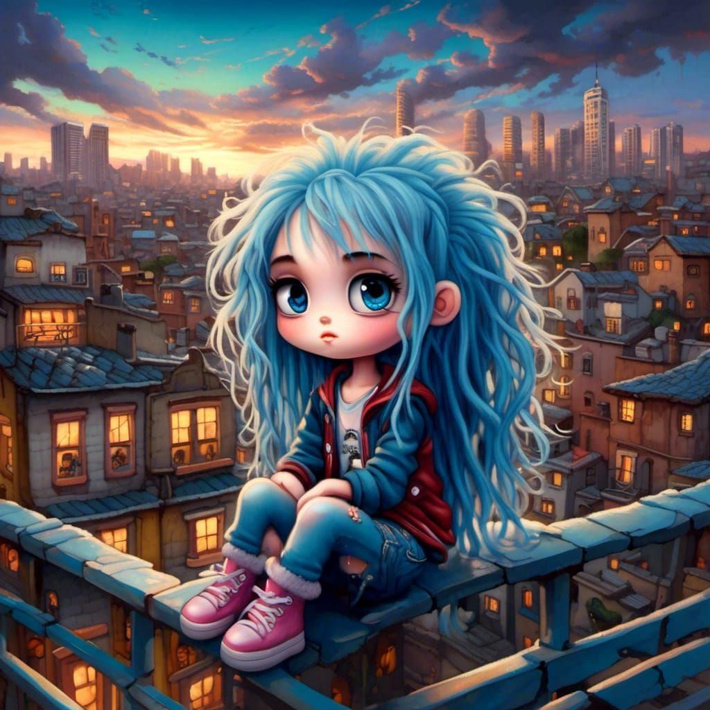 Chibi Girl on Rooftop in Oil Painting Style