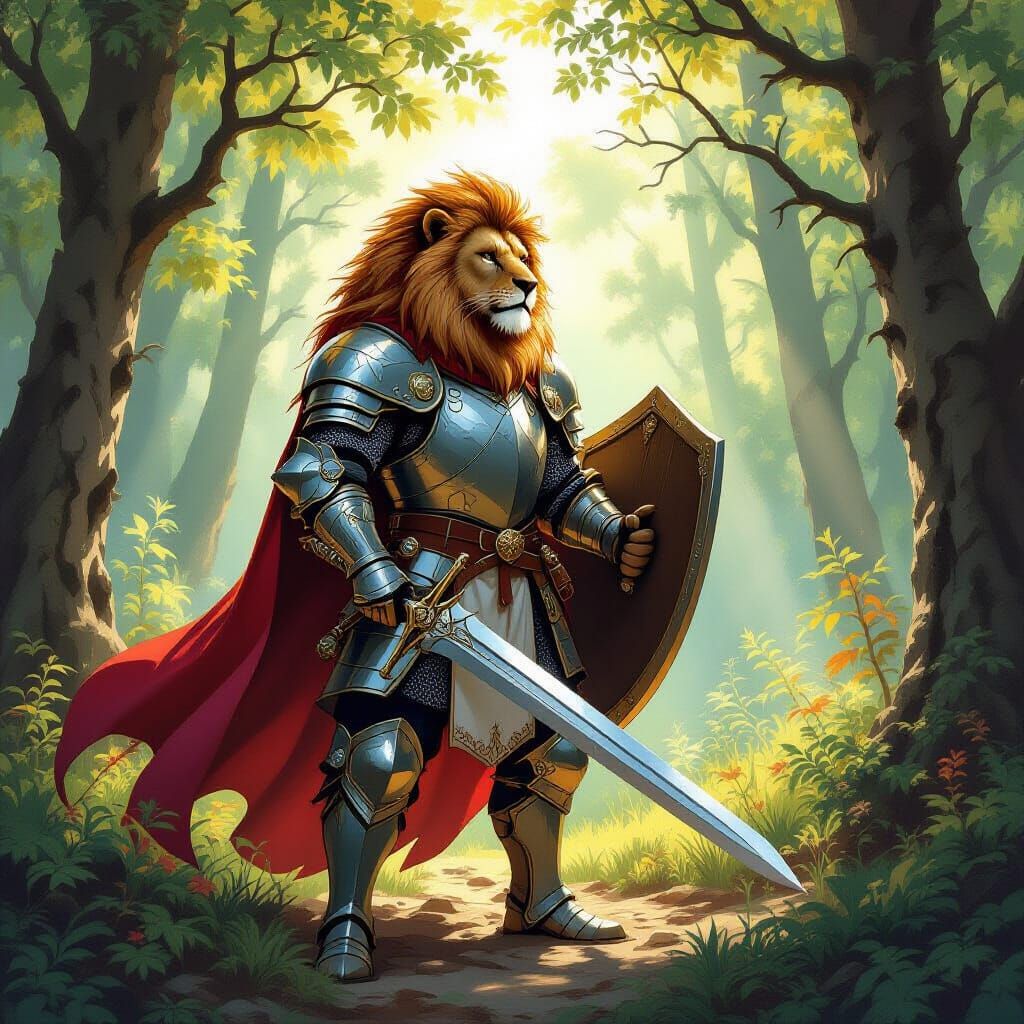 Lion Knight Ready for Battle in Forest