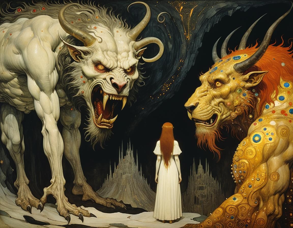 Girl Faces Fierce Creature in Dark Fantasy Landscape
