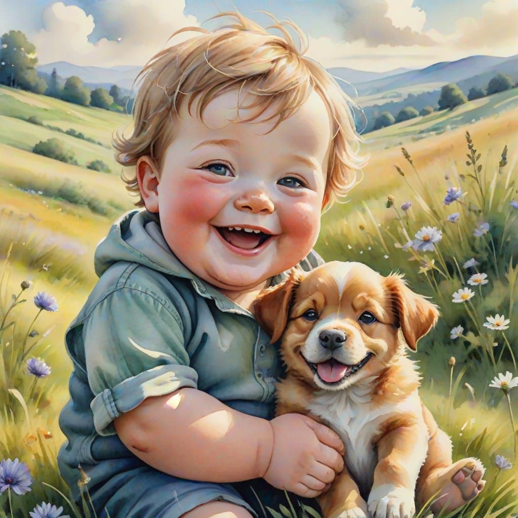 Chubby Baby Boy Hugs Puppy in Dreamy Watercolor Landscape