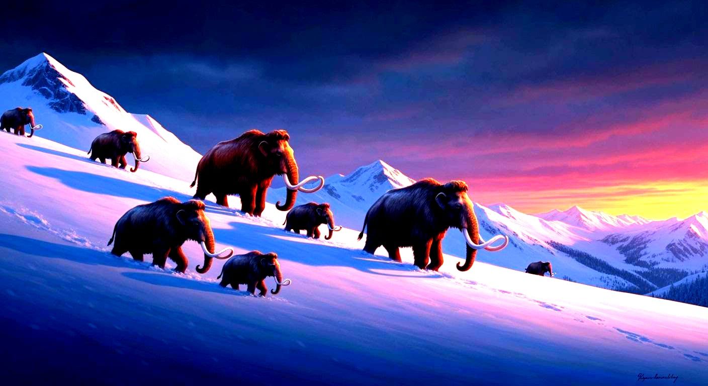Woolly Mammoths Crossing Snowy Mountains at Sunset