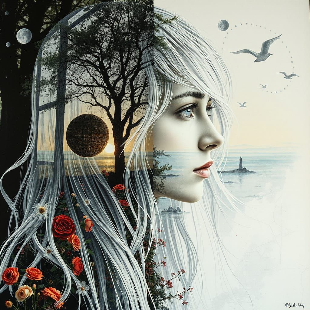 Mystical Woman Portrait with Nature Elements Double Exposure