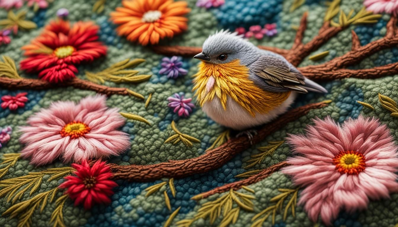 Embroidery Art: Bird on Mossy Branch with Flowers