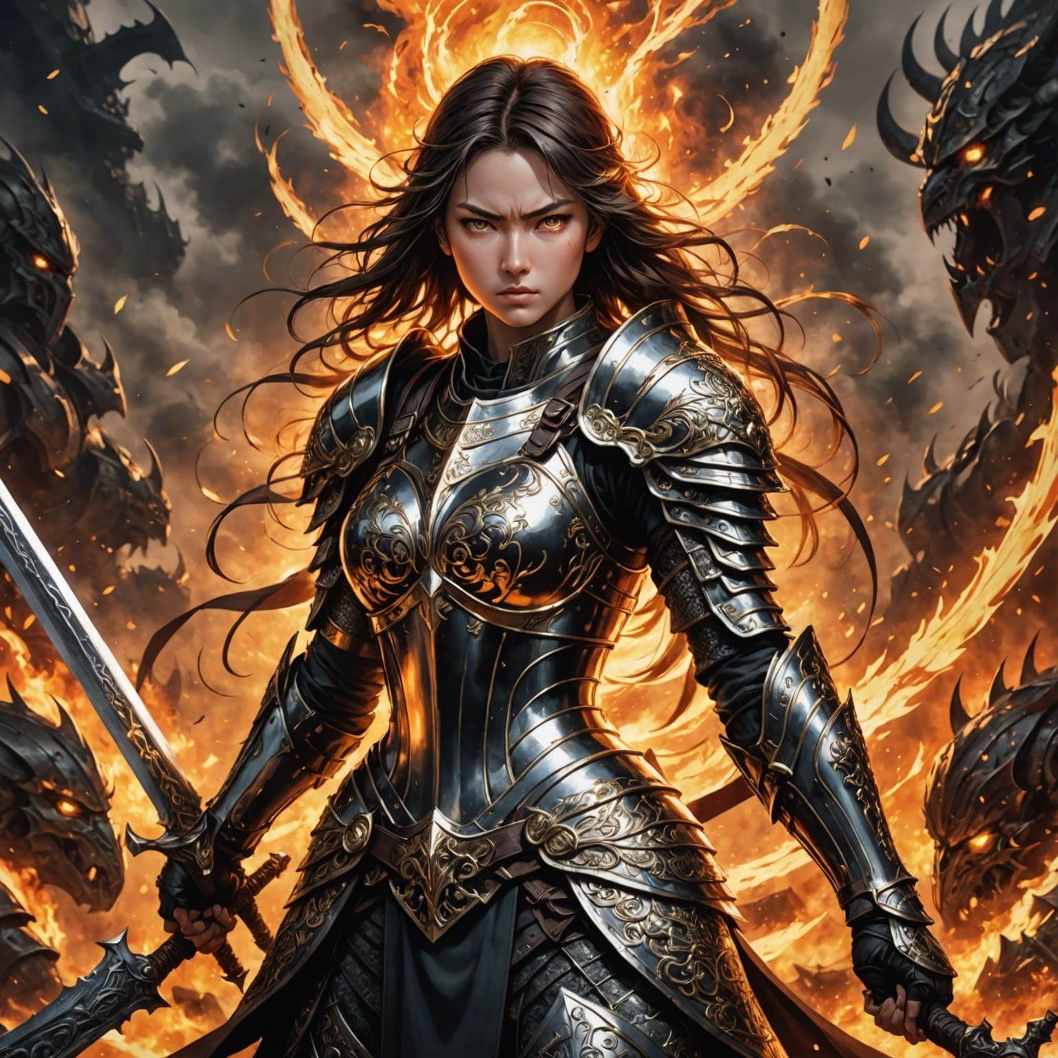Female Warrior in Fiery Battlefield: Manga Style