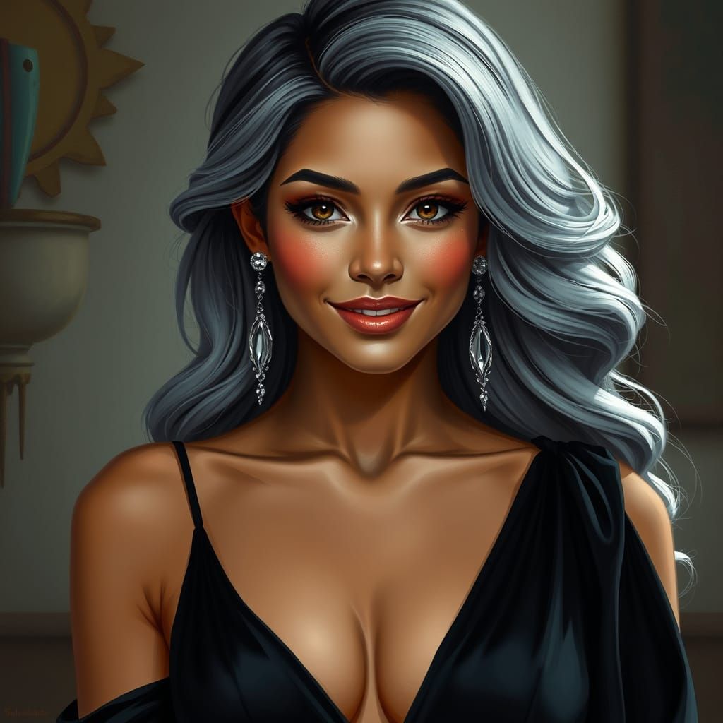 realistic portrait of a charming young Latin woman, brown eyes inviting smile. She wears exquisite, , diamond earrings a...