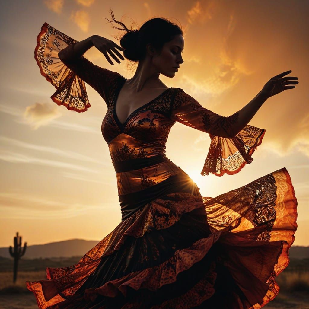Flamenco Dancer Merges with Sunset in Cinematic Spanish Land...