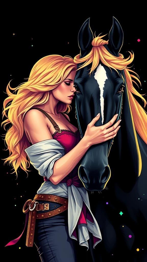 Cowgirl Embraces Stardust Stallion in Pop Art Style