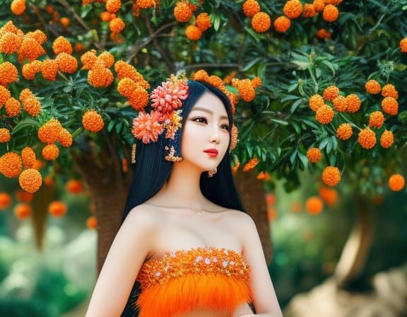 Beautiful girl with flowers in hair, orange light