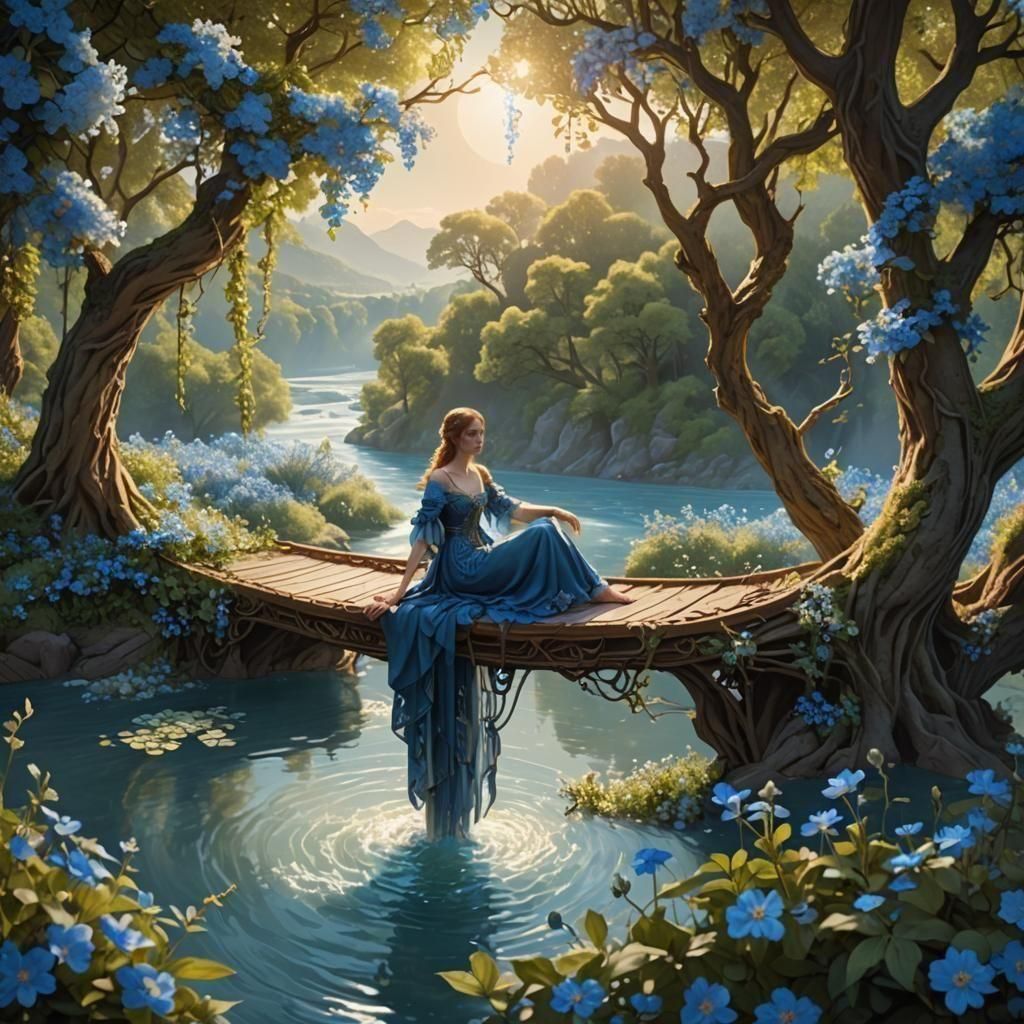 Swing in Forest with Sparkling River, Detailed Matte Paintin...