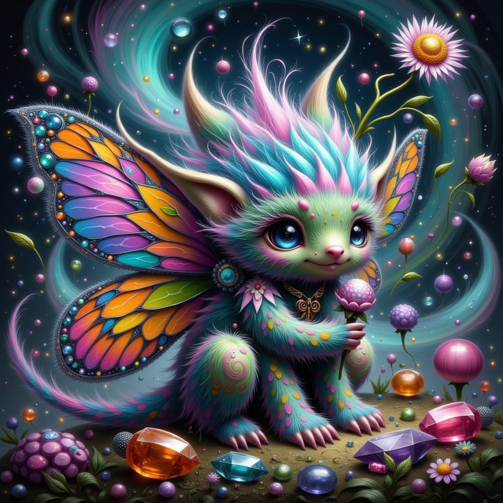 Whimsical Fae Creature in Opalescent Gemstone Armor