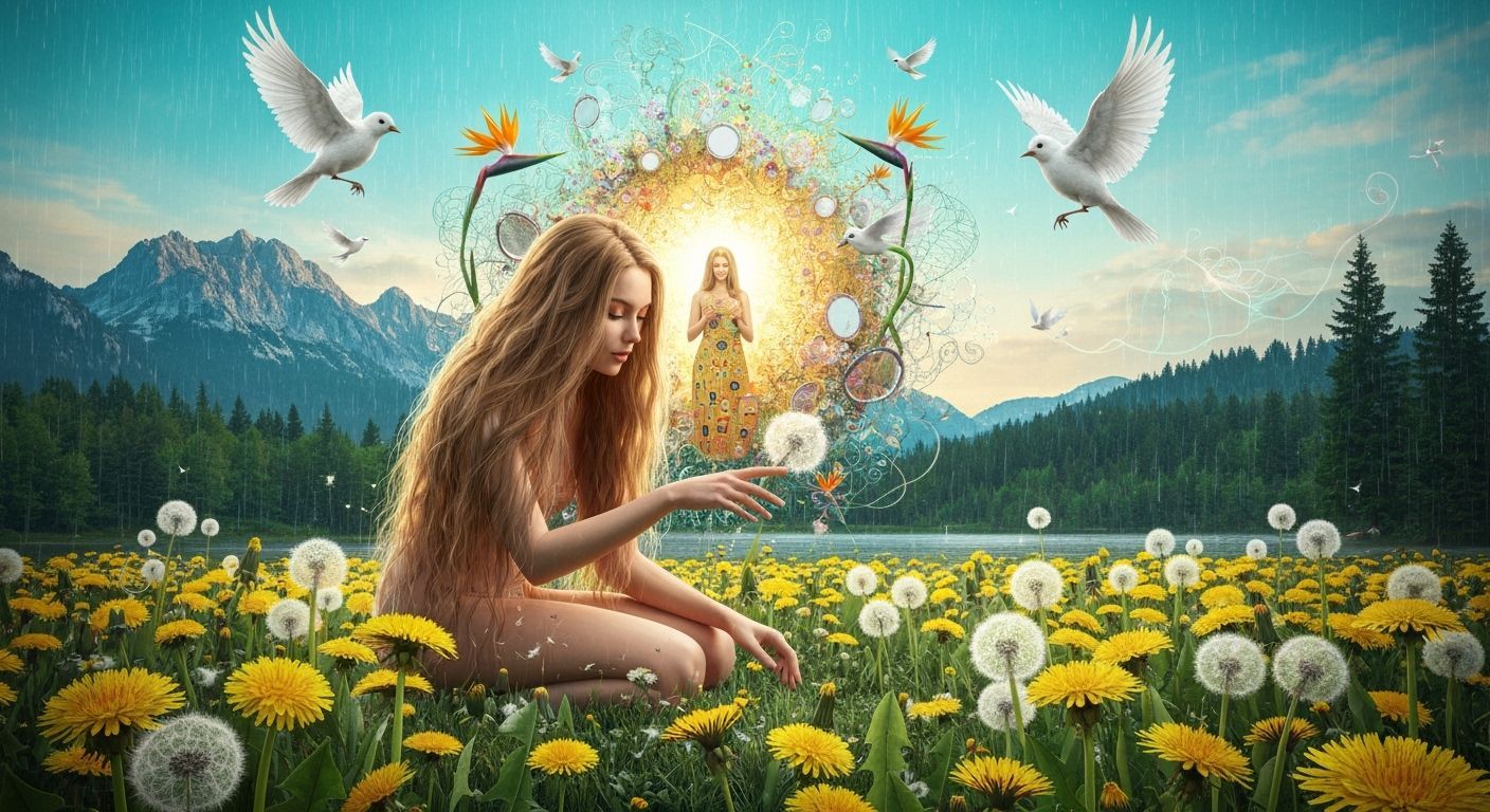 Serene Woman Gathers Dandelions for Ethereal Birds