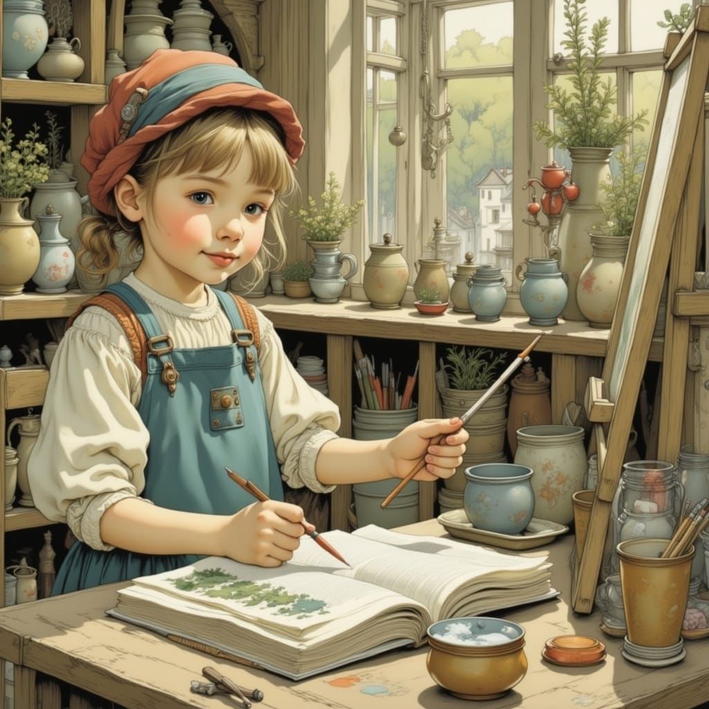 Young Artist in Sunlit Studio, Whimsical Folk Art Style