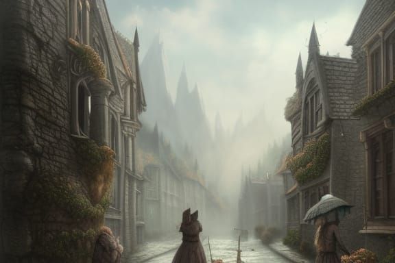 Detailed Foggy London Street with Distant Castle