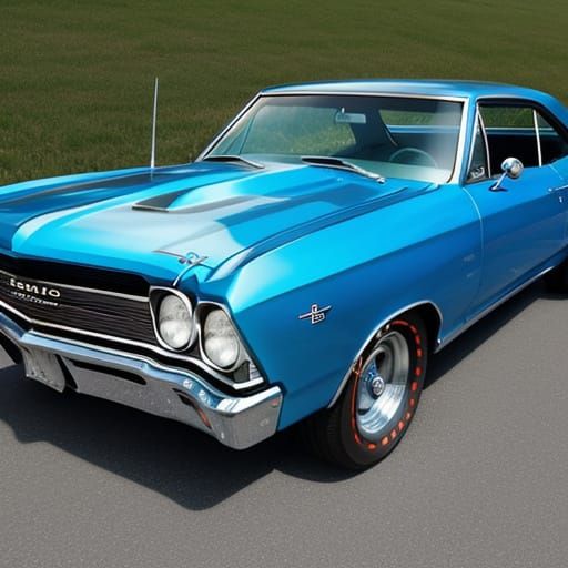 A 1966 blue Chevelle with elaborate detailing and stripes on the side.