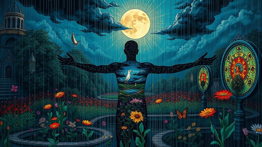 Lone Figure in Glitched Garden Under Moonlight