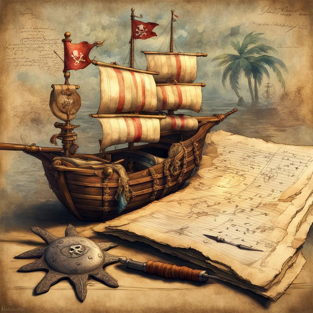 Pirate and Journal in Vintage Watercolor Style