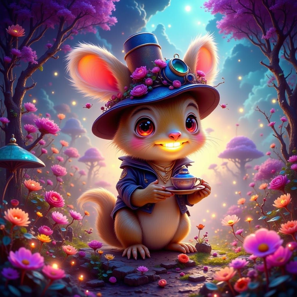Sci-Fi Squirrel Sipping Tea in Glowing Garden