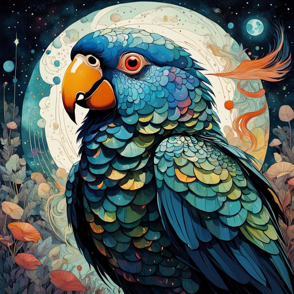 Cosmic Parrot with Galaxy Feathers