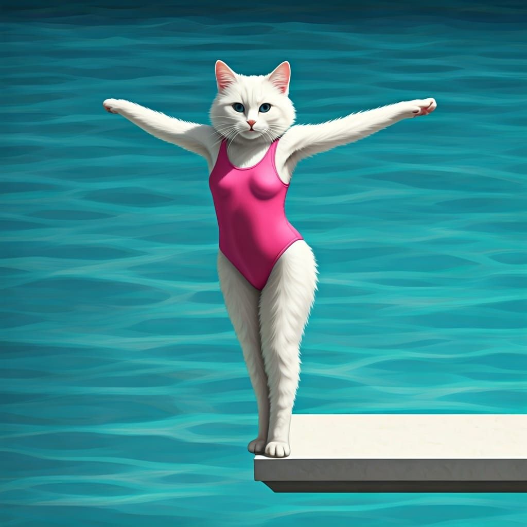 Fluffy Cat Ready to Dive, in Whimsical Style