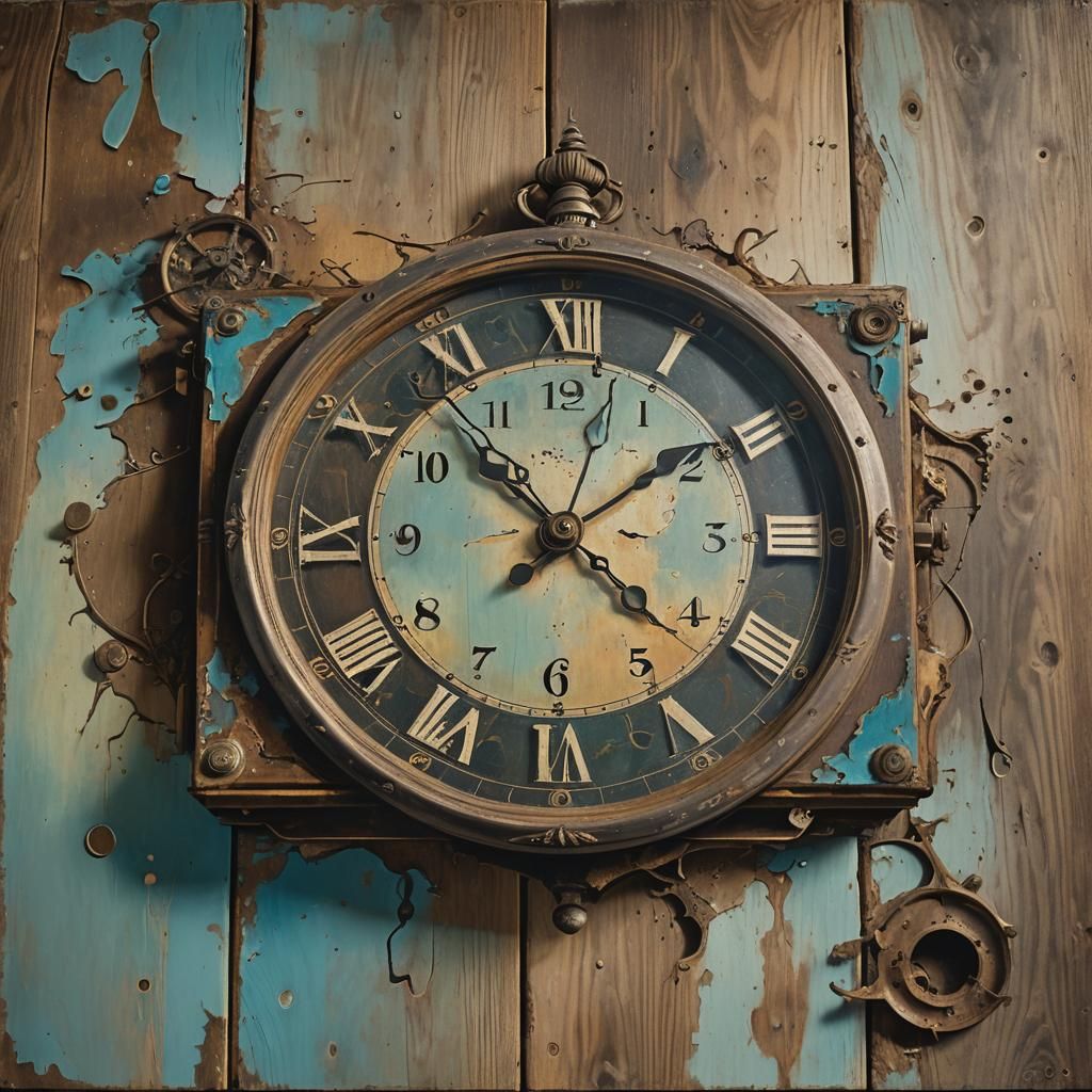 Surreal Melting Clock on Weathered Table