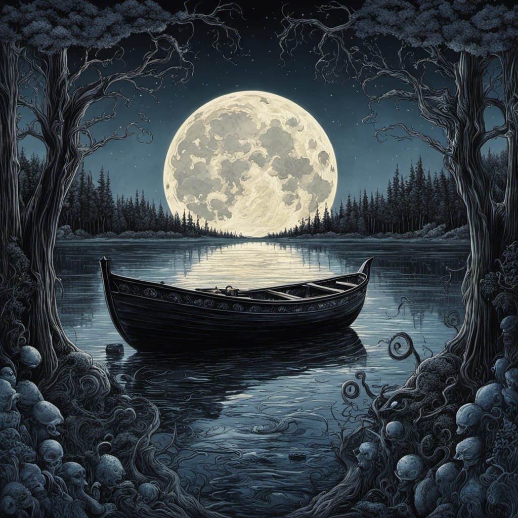 Lovecraftian Gothic Lake Under a Full Moon