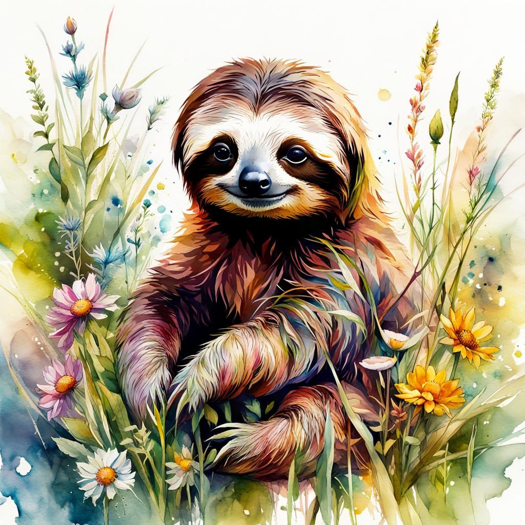 Cute Baby Sloth Watercolor Illustration
