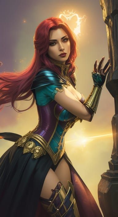 Epic Fantasy Heroine in Golden Corset, Comic Book Style