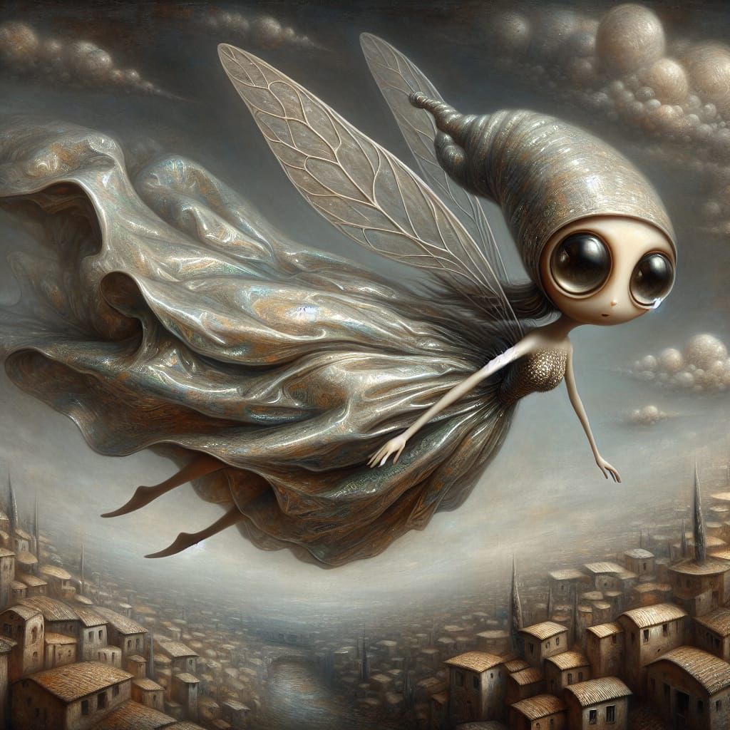 Whimsical Fairy Soaring Over Town