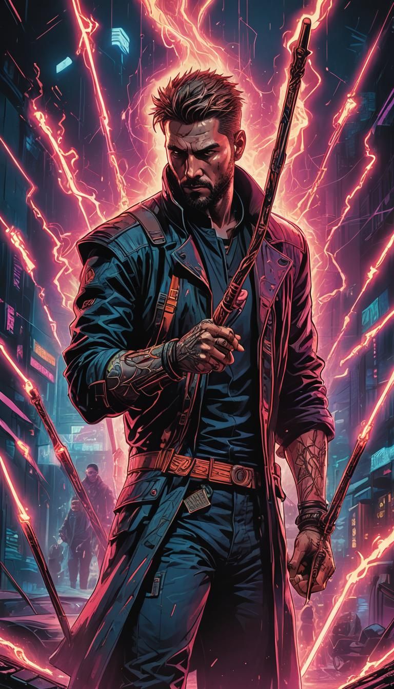 Seven of Wands Tarot Card in Cyberpunk Style