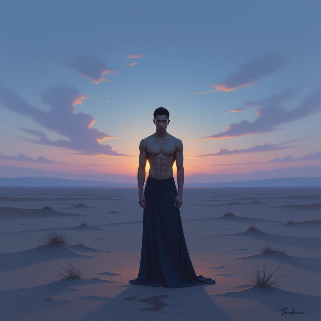 Melancholy Gay Man on Windswept Plain in Twilight