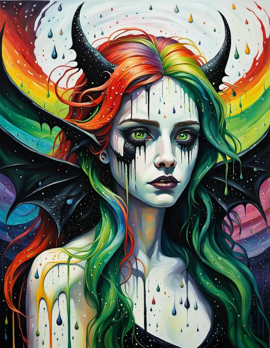 Creepy Cosmic Being with Rainbow Hair as Impasto Painting